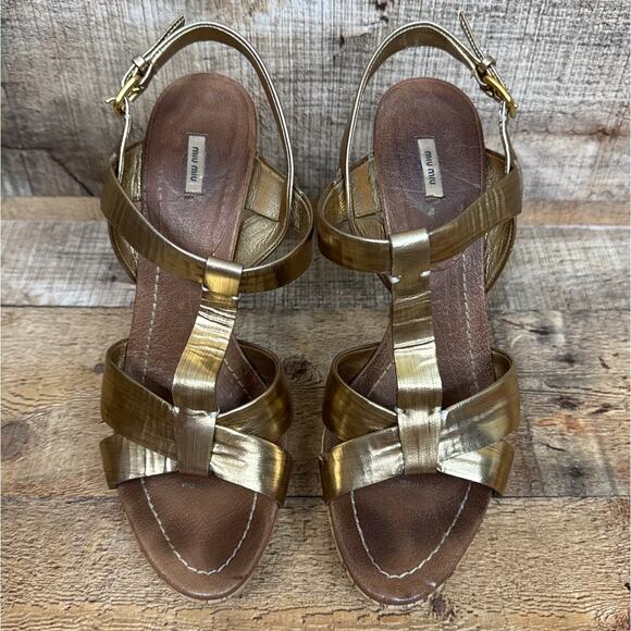 Miu Miu Gold Strappy Stiletto Open Toe Heels Cork Sole Size 39.5 9.5 - Picture 11 of 14